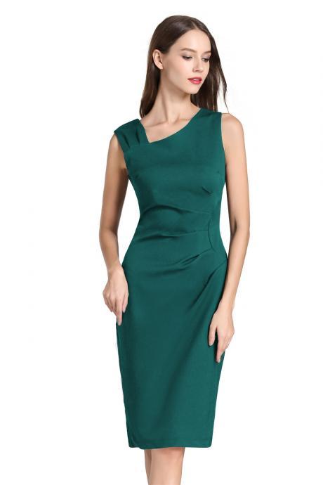 Women Pencil Dress Sleeveless Knee Length Ruched Bodycon Office Business Party Dress hunter green