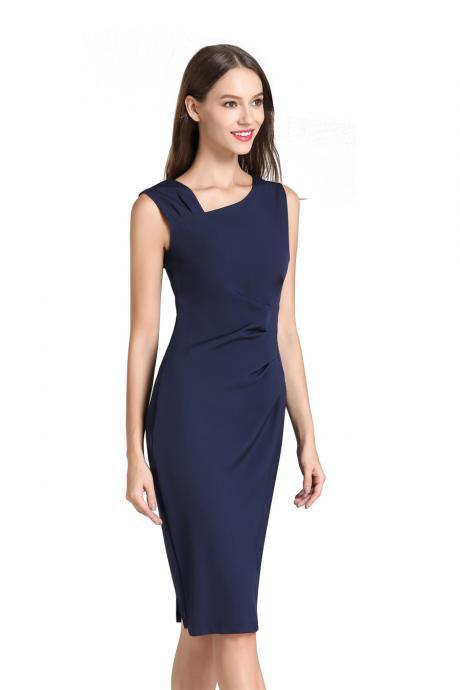 Women Pencil Dress Sleeveless Knee Length Ruched Bodycon Office Business Party Dress navy blue