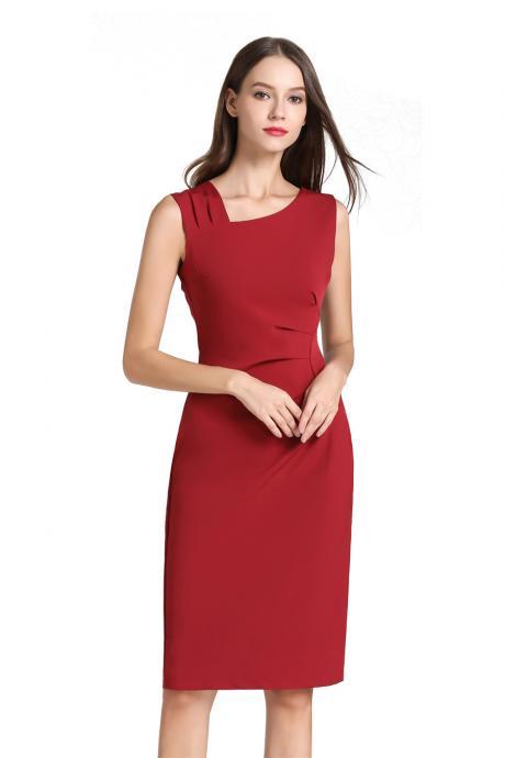 Women Pencil Dress Sleeveless Knee Length Ruched Bodycon Office Business Party Dress red