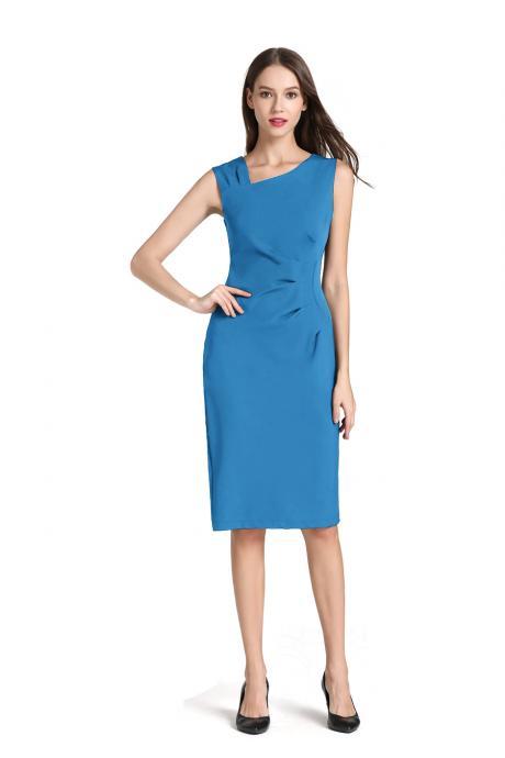Women Pencil Dress Sleeveless Knee Length Ruched Bodycon Office Business Party Dress sky blue
