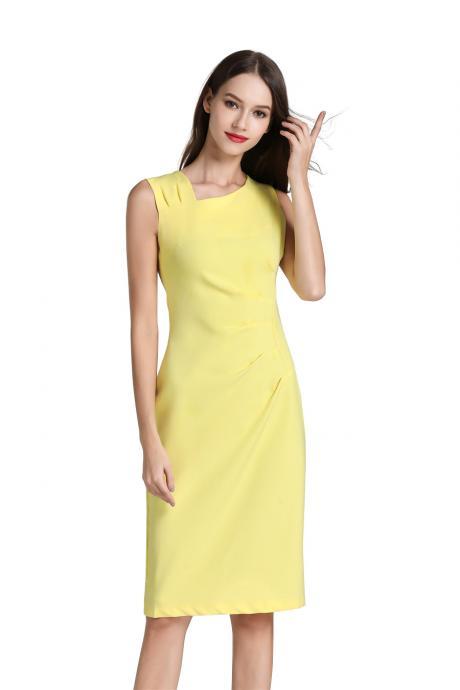Women Pencil Dress Sleeveless Knee Length Ruched Bodycon Office Business Party Dress yellow