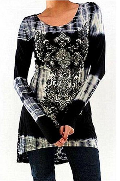 Women Asymmetrical Dress Long Sleeve Floral Printed Casual Plus Size Mini Streetwear Dress black