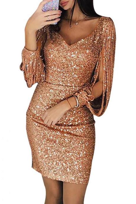 Women Sequined Bodycon Dress Sexy V-neck Long Lantern Sleeve Tassel Mini Nightclub Party Dress Rose Gold
