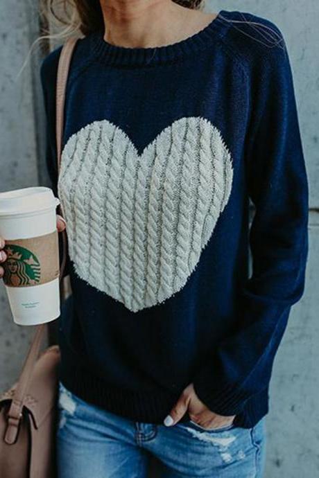 Women Knitted Sweater Autumn Winter Long Sleeve Heart Pattern Casual Loose Pullover Tops navy blue