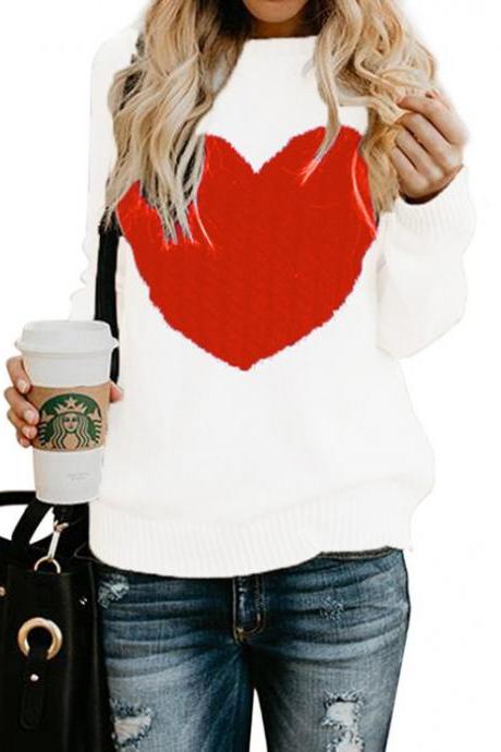 Women Knitted Sweater Autumn Winter Long Sleeve Heart Pattern Casual Loose Pullover Tops off white