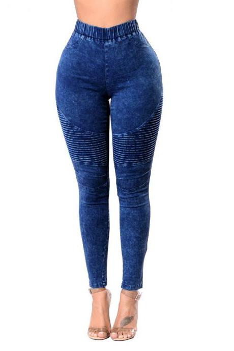 Women Denim Pants Elastic High Waist Pleasted Slim Stretch Jeans Pencil Trousers dark blue