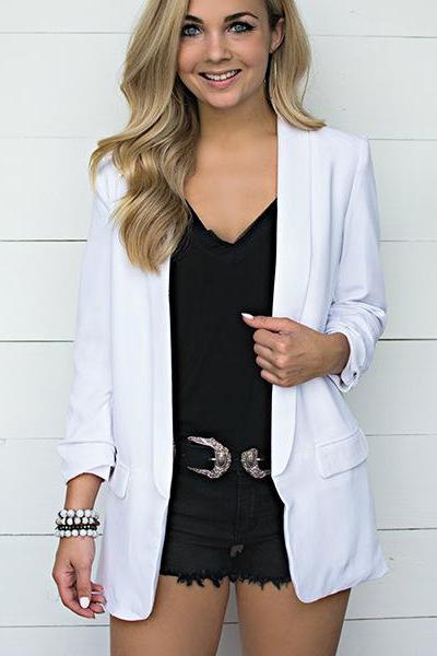 Women Blazer Coat Spring Autumn Turn-down Collar Casual Long Sleeve Open Stitch Suit Jacket Off White