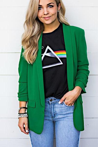 Women Blazer Coat Spring Autumn Turn-down Collar Casual Long Sleeve Open Stitch Suit Jacket Green