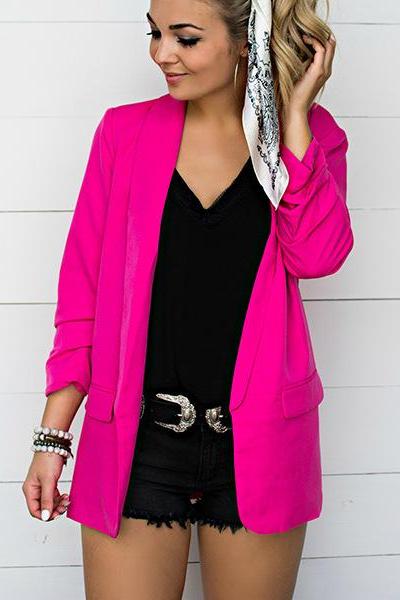 Women Blazer Coat Spring Autumn Turn-down Collar Casual Long Sleeve Open Stitch Suit Jacket hot pink
