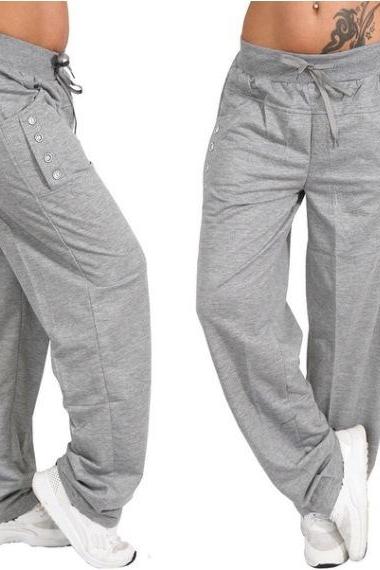 Women Straight Pants Drawstring Waist Plus Size Casual Loose Long Wide Leg Trousers gray