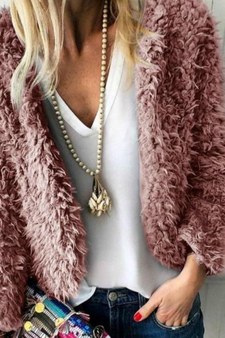 Women Short Fleece Coat Winter Warm Long Sleeve Open Stitch Thick Casual Plush Jacket Outerwear pink