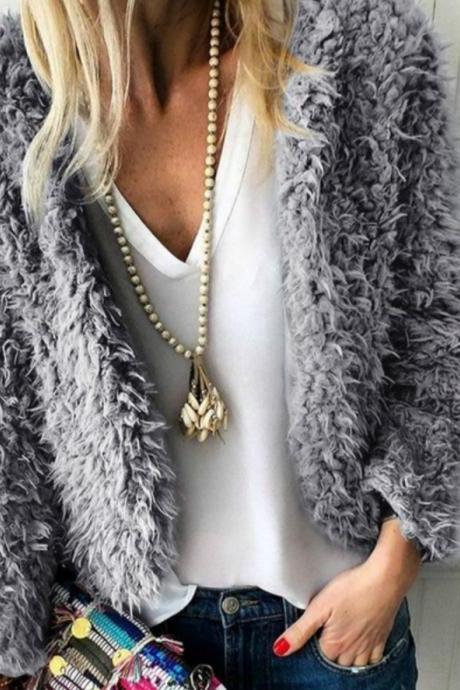 Women Short Fleece Coat Winter Warm Long Sleeve Open Stitch Thick Casual Plush Jacket Outerwear gray