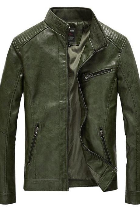 Men Faux PU Leather Jacket Fashion Casual Long Sleeve Streetwear Slim Motorcycle Coat Outwear army green