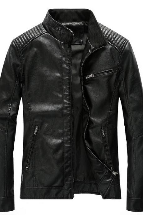Men Faux PU Leather Jacket Fashion Casual Long Sleeve Streetwear Slim Motorcycle Coat Outwear black