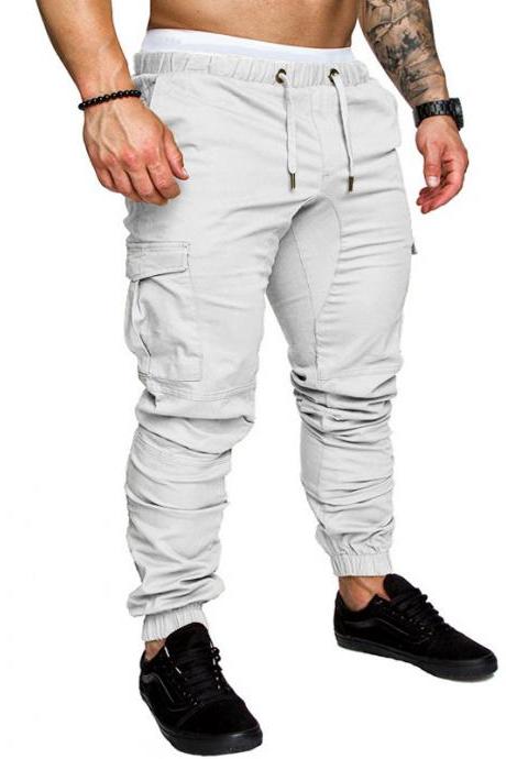 Men Pants Drawstring Waist Multi-Pocket Sports Hip Hop Harem Workout Joggers Casual Trousers off white