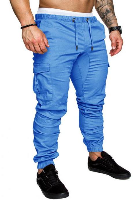 Men Pants Drawstring Waist Multi-Pocket Sports Hip Hop Harem Workout Joggers Casual Trousers light blue