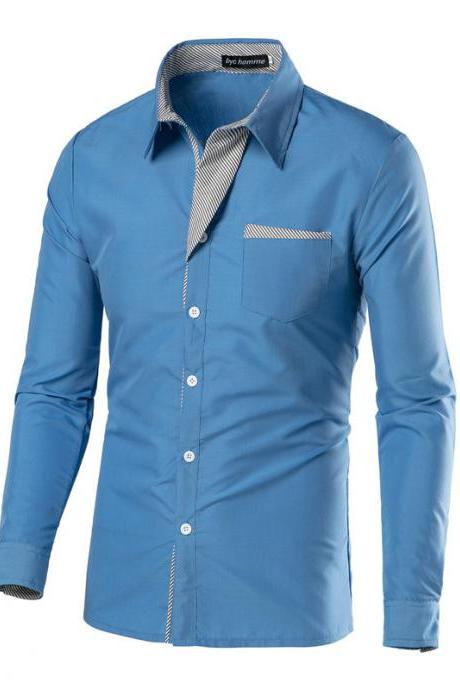 Men Shirt Spring Autumn Turn-down Collar Single Breasted Long Sleeve Casual Slim Fit Male Shirt light blue