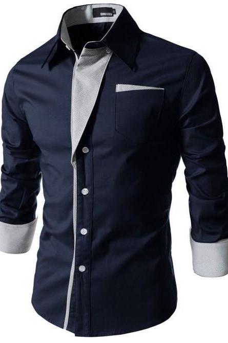 Men Shirt Spring Autumn Turn-down Collar Single Breasted Long Sleeve Casual Slim Fit Male Shirt navy blue