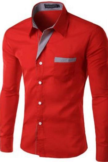 Men Shirt Spring Autumn Turn-down Collar Single Breasted Long Sleeve Casual Slim Fit Male Shirt red