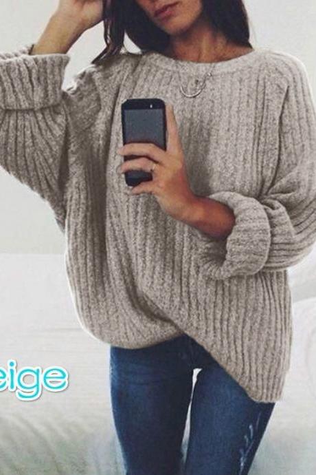 Women Knitted Sweater Autumn Winter Crew Neck Long Sleeve Casual Loose Pullover Tops Beige