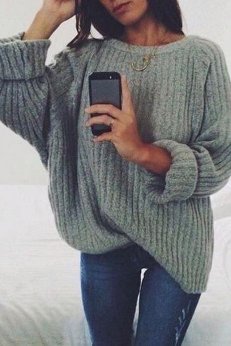 Women Knitted Sweater Autumn Winter Crew Neck Long Sleeve Casual Loose Pullover Tops Dark Gray