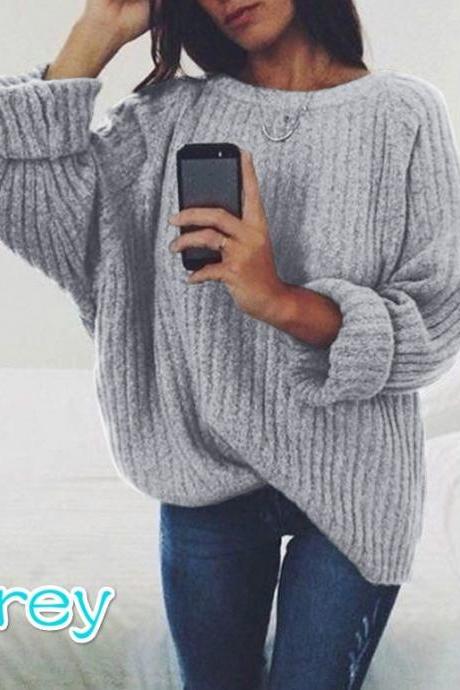 Women Knitted Sweater Autumn Winter Crew Neck Long Sleeve Casual Loose Pullover Tops Gray