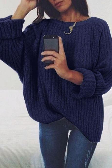 Women Knitted Sweater Autumn Winter Crew Neck Long Sleeve Casual Loose Pullover Tops Navy Blue