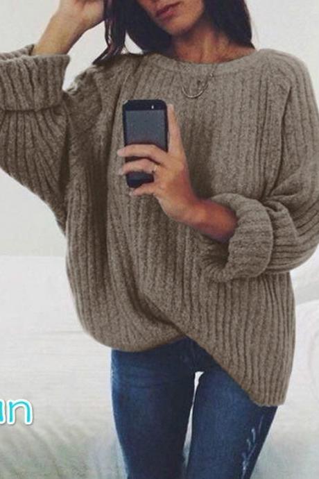 Women Knitted Sweater Autumn Winter Crew Neck Long Sleeve Casual Loose Pullover Tops Tan