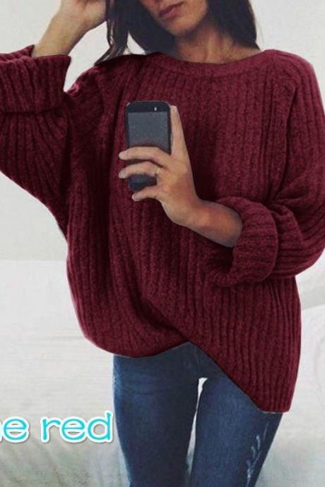 Women Knitted Sweater Autumn Winter Crew Neck Long Sleeve Casual Loose Pullover Tops wine red
