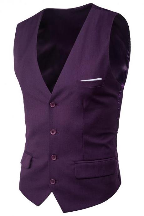 Men Suit Waistcoat Single Breasted Vest Jacket Casual Business Slim Fit Sleeveless Coat purple