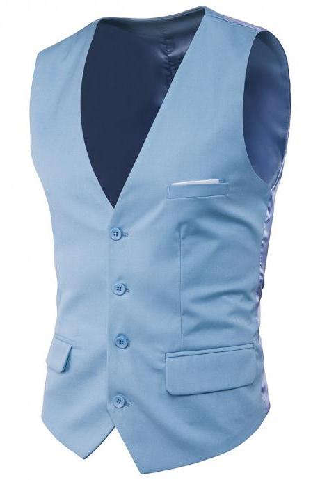 Men Suit Waistcoat Single Breasted Vest Jacket Casual Business Slim Fit Sleeveless Coat baby blue