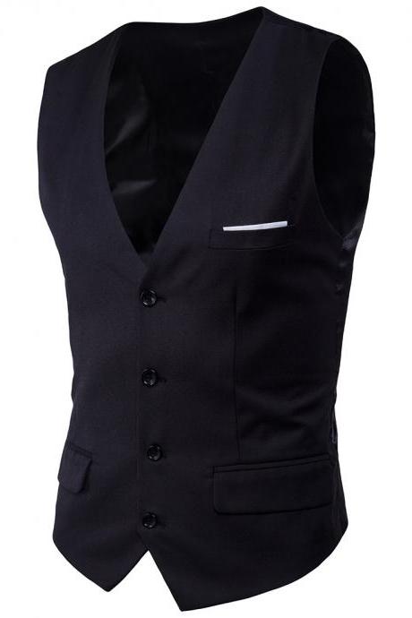 Men Suit Waistcoat Single Breasted Vest Jacket Casual Business Slim Fit Sleeveless Coat black