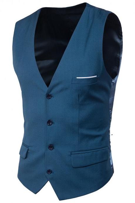 Men Suit Waistcoat Single Breasted Vest Jacket Casual Business Slim Fit Sleeveless Coat blue