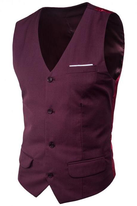Men Suit Waistcoat Single Breasted Vest Jacket Casual Business Slim Fit Sleeveless Coat plum