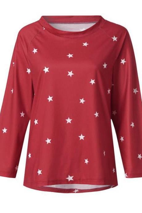 Women Long Sleeve T Shirt Spring Autumn Star Printed Casual Loose Plus Size Tops Red