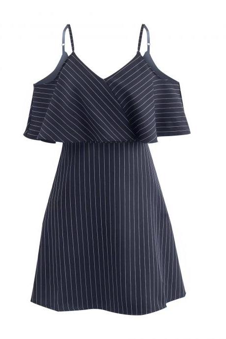 Women Striped Dress Summer Spaghetti Straps Sleeveless Casual Slim Mini A Line Club Party Dress Black