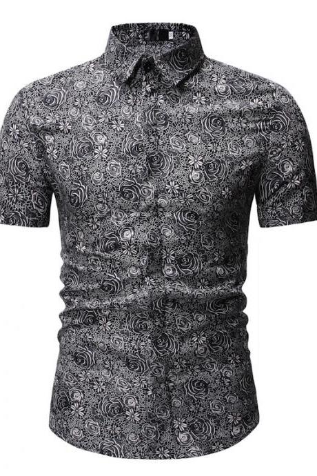 Men Floral Printed Shirt Summer Beach Short Sleeve Hawaiian Holiday Vacation Casual Slim Fit Shirt 5#