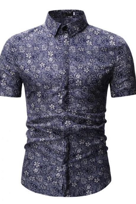 Men Floral Printed Shirt Summer Beach Short Sleeve Hawaiian Holiday Vacation Casual Slim Fit Shirt 6#