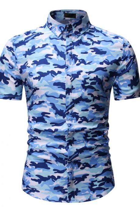 Men Floral Printed Shirt Summer Beach Short Sleeve Hawaiian Holiday Vacation Casual Slim Fit Shirt 8#