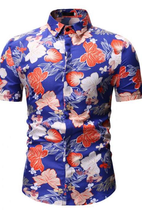 Men Floral Printed Shirt Summer Beach Short Sleeve Hawaiian Holiday Vacation Casual Slim Fit Shirt 15#