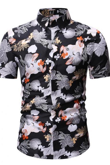 Men Floral Printed Shirt Summer Beach Short Sleeve Hawaiian Holiday Vacation Casual Slim Fit Shirt 16#