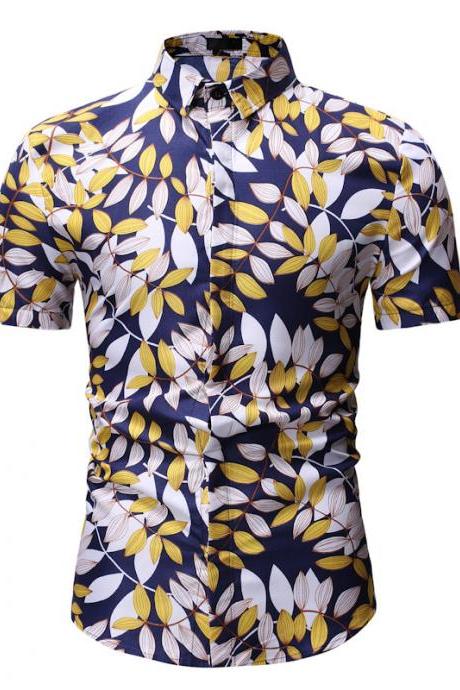 Men Floral Printed Shirt Summer Beach Short Sleeve Hawaiian Holiday Vacation Casual Slim Fit Shirt 17#