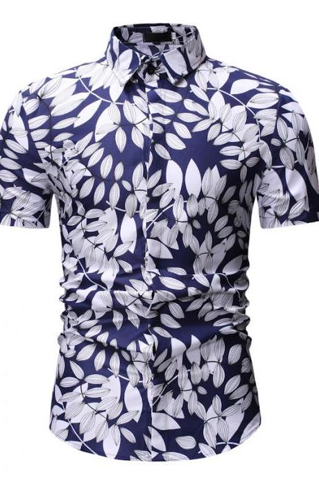 Men Floral Printed Shirt Summer Beach Short Sleeve Hawaiian Holiday Vacation Casual Slim Fit Shirt 18#
