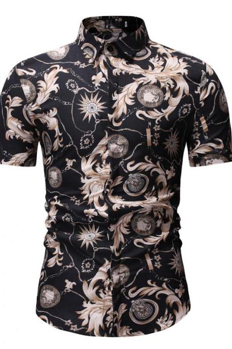 Men Floral Printed Shirt Summer Beach Short Sleeve Hawaiian Holiday Vacation Casual Slim Fit Shirt 23#