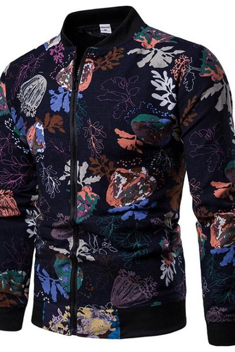 Men Floral Printed Coat Spring Autumn Long Sleeve Casual Slim Fit Bomber Baseball Windbreakers Jacket 4#