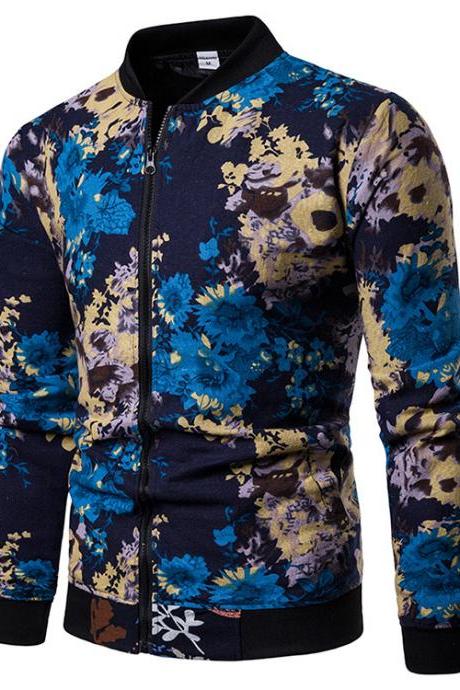 Men Floral Printed Coat Spring Autumn Long Sleeve Casual Slim Fit Bomber Baseball Windbreakers Jacket 10#