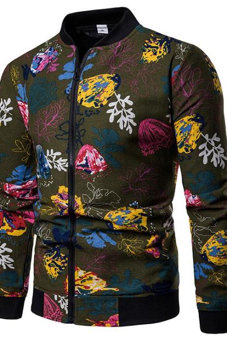 Men Floral Printed Coat Spring Autumn Long Sleeve Casual Slim Fit Bomber Baseball Windbreakers Jacket 14#