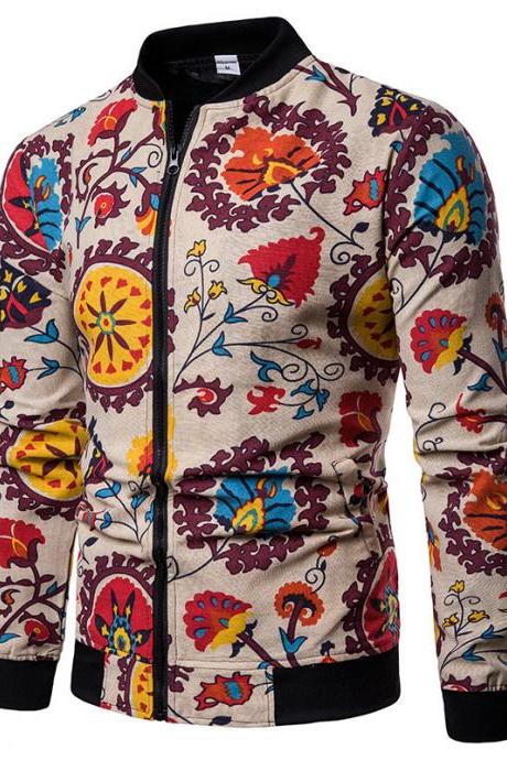 Men Floral Printed Coat Spring Autumn Long Sleeve Casual Slim Fit Bomber Baseball Windbreakers Jacket 15#