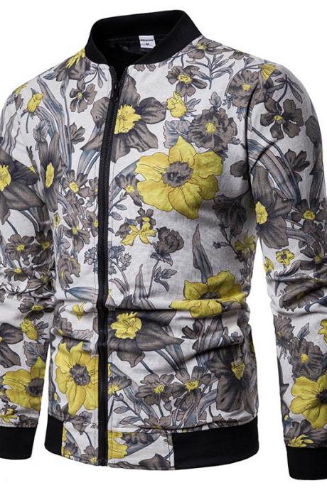 Men Floral Printed Coat Spring Autumn Long Sleeve Casual Slim Fit Bomber Baseball Windbreakers Jacket 16#