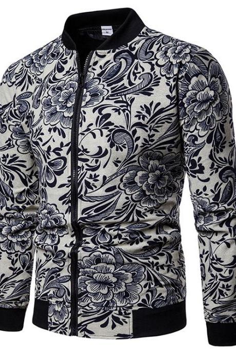 Men Floral Printed Coat Spring Autumn Long Sleeve Casual Slim Fit Bomber Baseball Windbreakers Jacket 17#